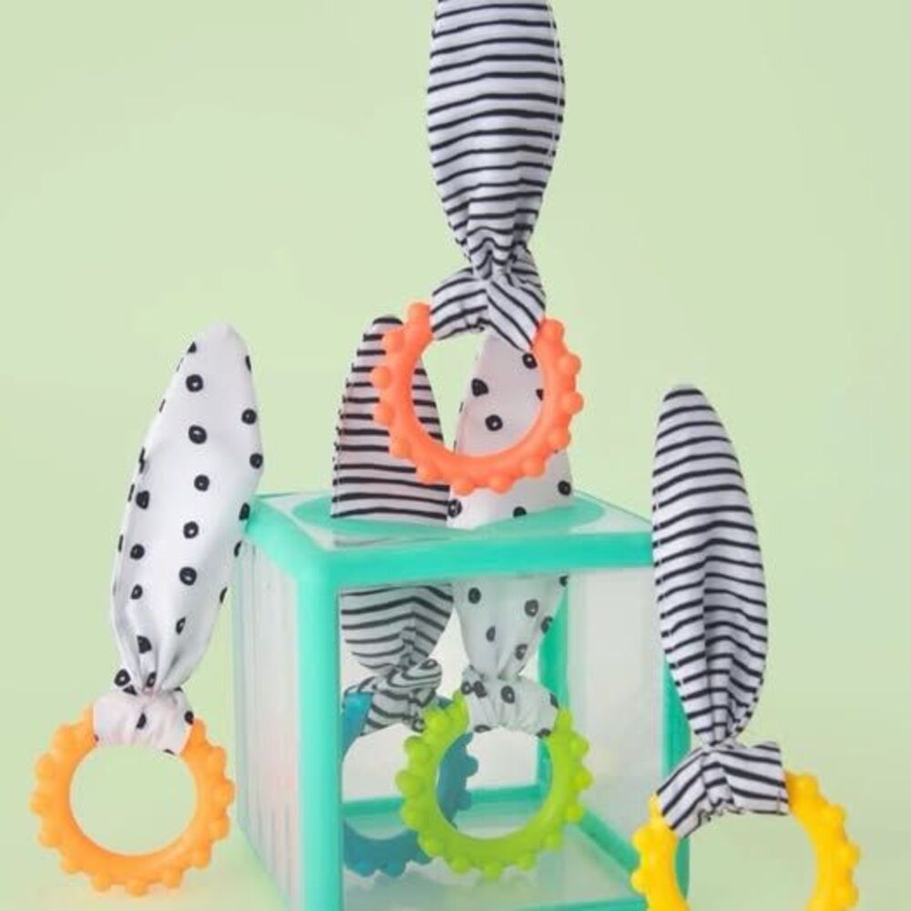 Sassy Striped & Polka Dot Bunny Ear Teething Rings - Orange, Yellow, Lime, Aqua